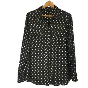 WHO WHAT WEAR Black Gold Polka Dot Button Up Shirt Blouse Top XL